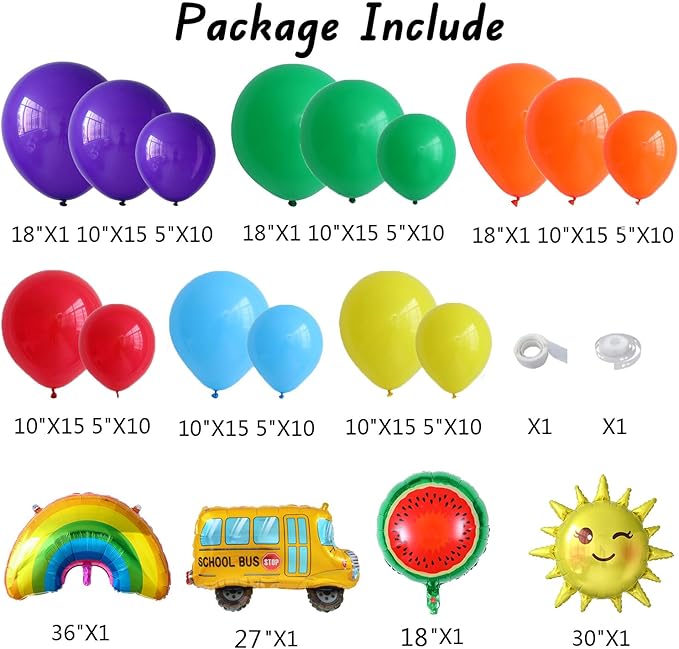 Rainbow Balloon Arch Garland Kit,159pcs Assorted Colors with Watermelon School Bus Rainbow Sun Mylar Balloons for Watermelon Birthday Party Back to School Kindergarten Graduation Decorations