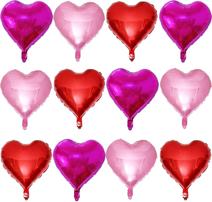 Lovoir 12 Pcs Red Heart Shape Foil Mylar Balloons 18 Inch Love Balloons for Valentine's Day Birthday Party Decorations Wedding Engagement Romantic Decor (Red & Pearl Pink & Hot Pink)