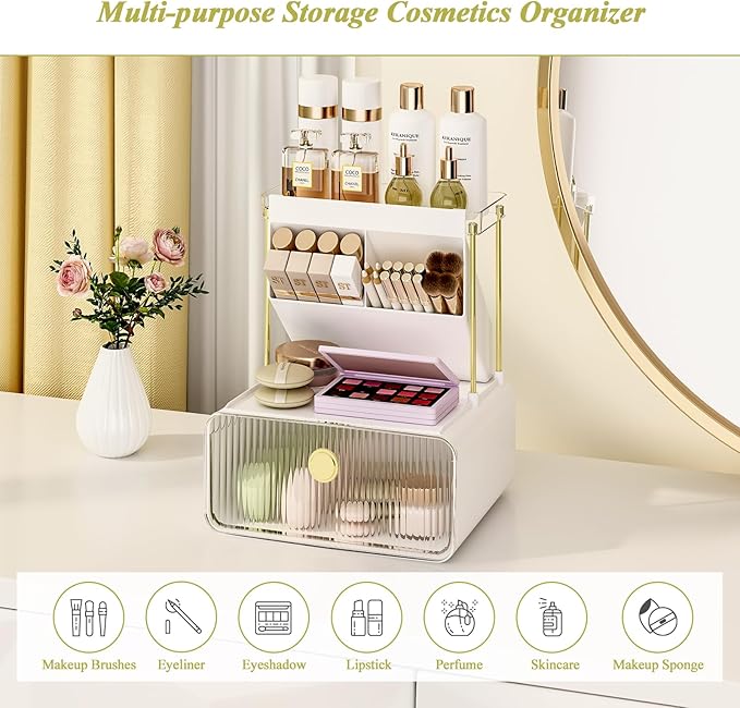 FOLLOWIN Bathroom Counter Organizer with Drawer,Dresser Top Organizer with Make Up Brush Holder,Makeup Shelf,Vanity Organizers,Cosmetic Perfume Organizer,Clear
