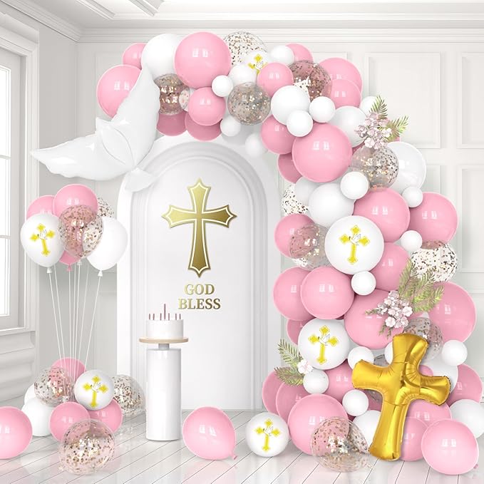132Pcs First Holy Communion Pink Balloon Garland Arch Kit God Bless Baptism Party Decoration Christian Religious Decor Cross Dove Balloon Girl Mi Bautizo Christening Birthday Baby Shower Party Supplie