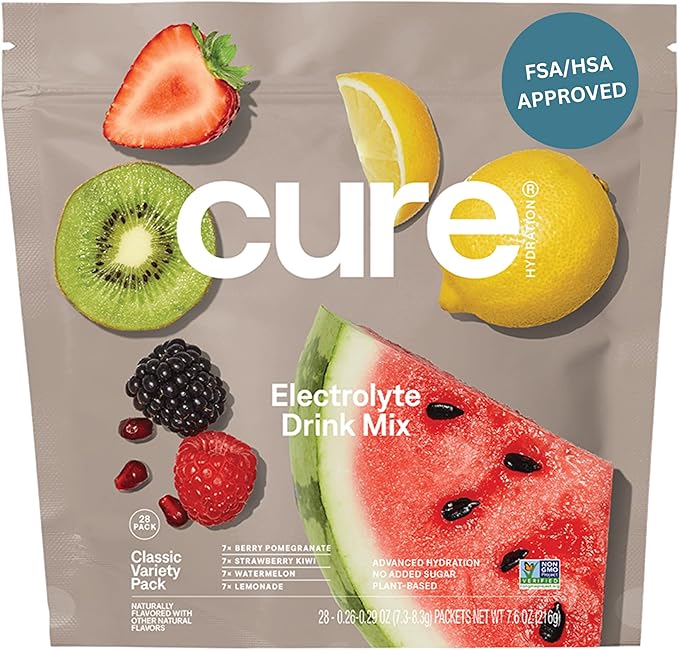 Cure Hydration | Plant-Based Electrolyte Drink Mix | No Added Sugar | FSA-HSA | Dehydration Relief Powder Made with Coconut Water | Non-GMO | Vegan | 28 Packets - Variety Pack