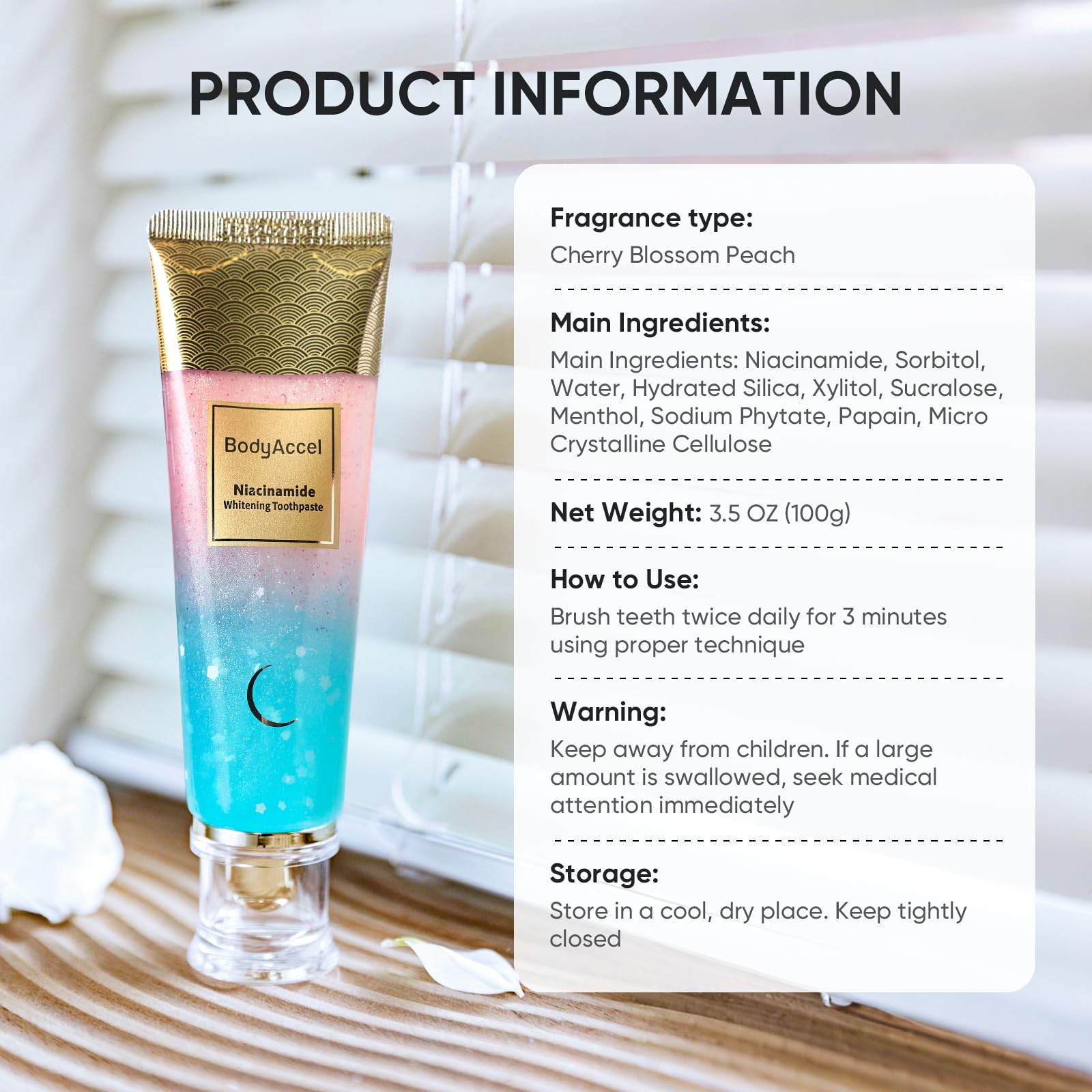 BodyAccel Niacinamide Whitening Toothpaste, Niacinamide Intensive Whitening Toothpaste with Natural Gentle Care Deep Stain Removal Clean Peach Flavor, Improves Gum Health, Fresh Breath (1)