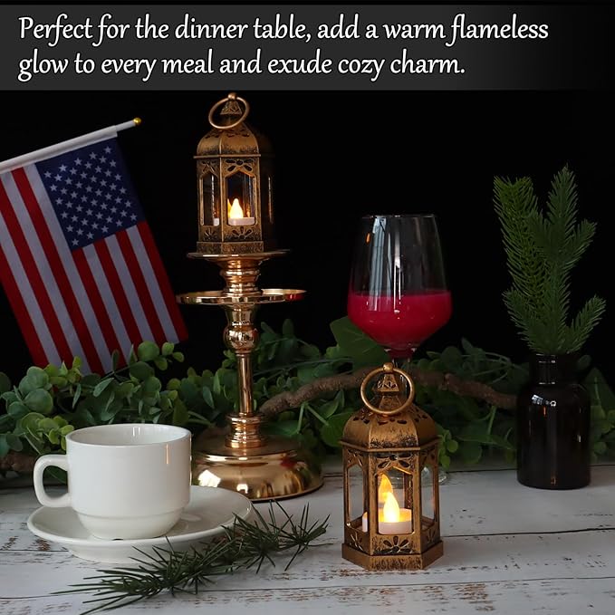 LLQ 12Pcs Mini Lantern with LED Tea Light, Garden Fairy Party Decorations, Battery Included, Vintage Lanterns Decorative, Hanging Candle Lanterns for Halloween Christmas Wedding Table Centerpiece