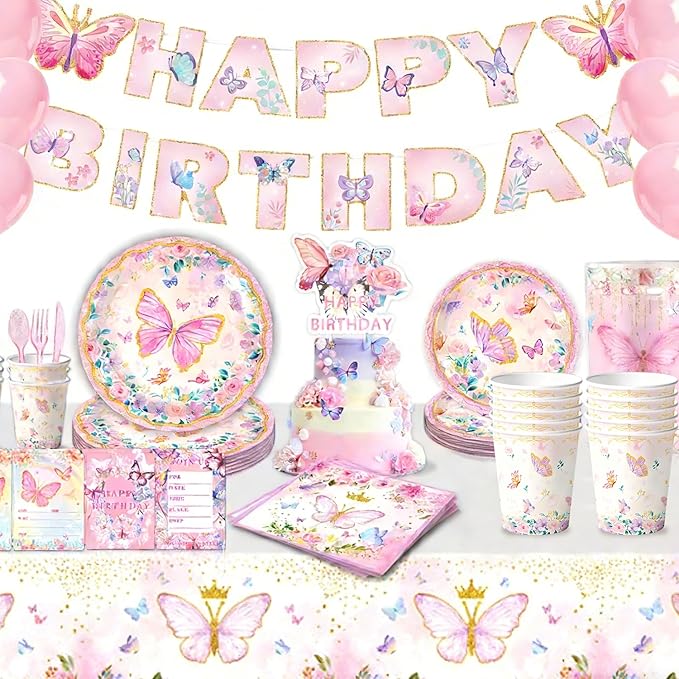 Pink Butterfly Birthday Party Supplies Tableware Sets,Includes Disposable Plates, Napkins, Cups,Straws,Cutlery, Balloons, Banner, and Tablecloth for Party Baby Shower Birthday Decorations,Serves 20