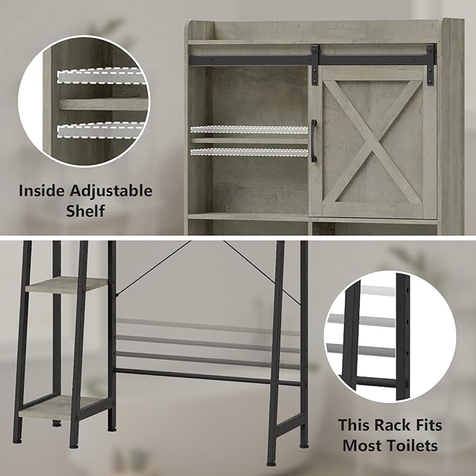 Vabches Over The Toilet Storage Cabinet, Farmhouse Storage Cabinet Over Toilet with Sliding Door & Toilet Paper Holder Stand, Home Space-Saving Toilet Rack for Bathroom, Restroom