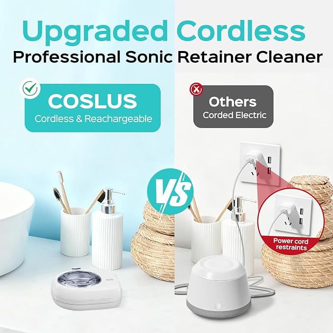 COSLUS Sonic Retainer Cleaner Machine: Cordless Professional Dental Cleaning Pod for Retainer, Aligner, Night Guard Deep Cleaning - Rechargeable Mini Travel Design, Quiet for Home Use with Timer
