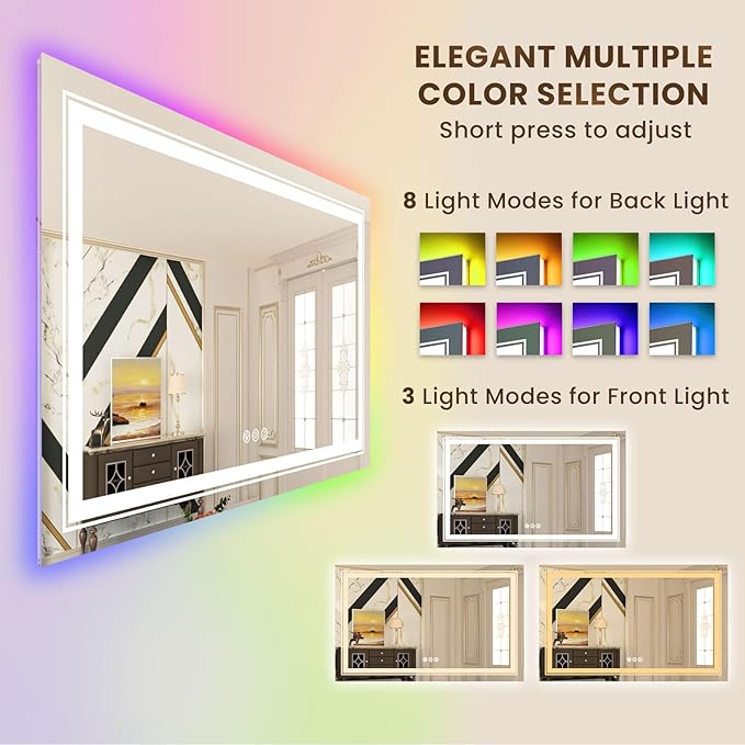 WTTY RGB LED Bathroom Mirror 40"x24" with Backlit and 3 Front Light,Stepless Dimmable LED Mirror for Bathroom,Lighted Bathroom Vanity Mirror for Wall,Anti-Fog,Memory Function,Shatter-Proof