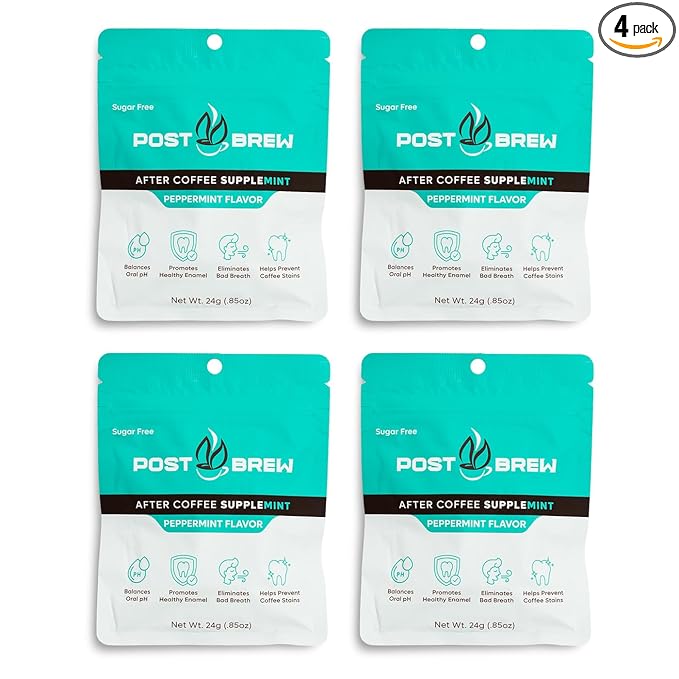 PostBrew Mints Xylitol After Coffee SuppleMINT– Sugar-Free, Aspartame-Free Mint, Neutralize pH & Odor, Support Oral Health & Freshen Breath (4 pack, 30 Count Each)