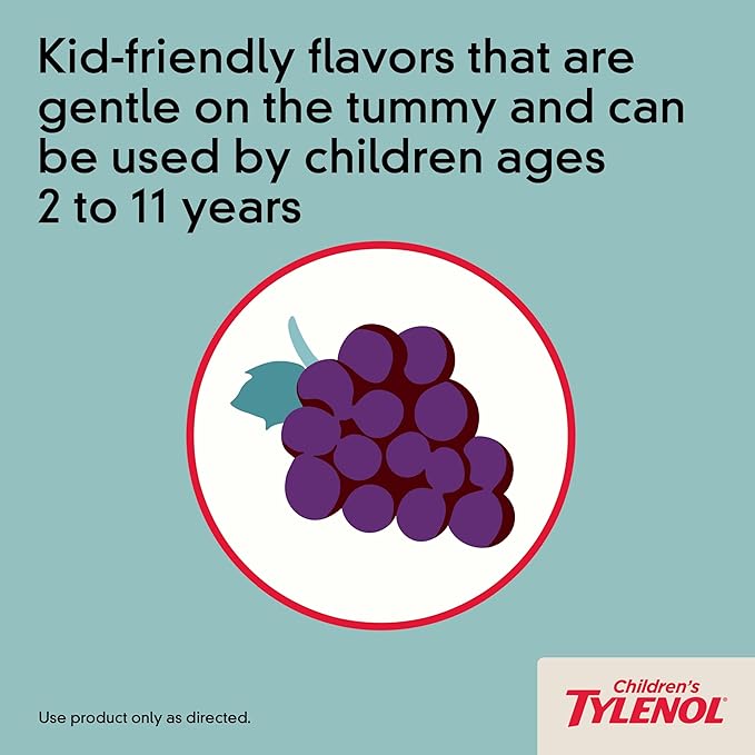 Children's Tylenol Chewables with 160 mg Acetaminophen, Pain Reliever & Fever Reducer for Kids' Cold + Flu Symptoms, Headache, Sore Throat & Toothache, Aspirin-Free, Grape Flavor, 24 ct