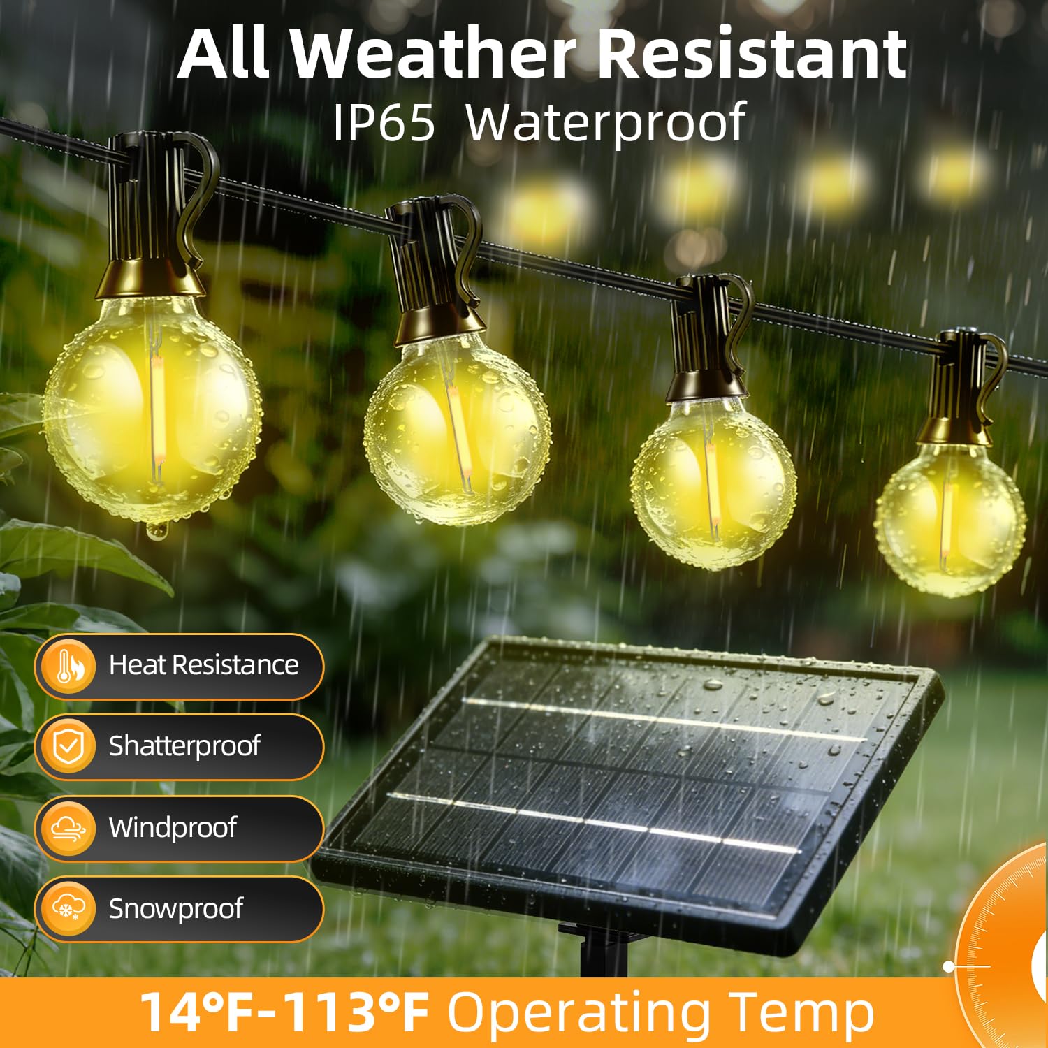 FUANXIEI 100FT Solar Lights Outdoor Waterproof: G40 30M Shatterproof Bulbs Patio Lights - Solar Powered Remote Control 3 Light Modes Dimmable Solar Light - Camping Backyard Garden Deck Outside Yard