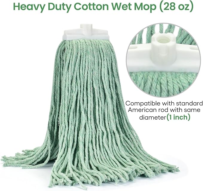 Matthew Cleaning Screw-on Heavy Duty Cotton Wet Mop Replacement Heads(Green, Large,3Pack) with 2 Pack Microfiber Cloth for Residential & Commercial Floor Cleaning Use- Fit Standard American Screw