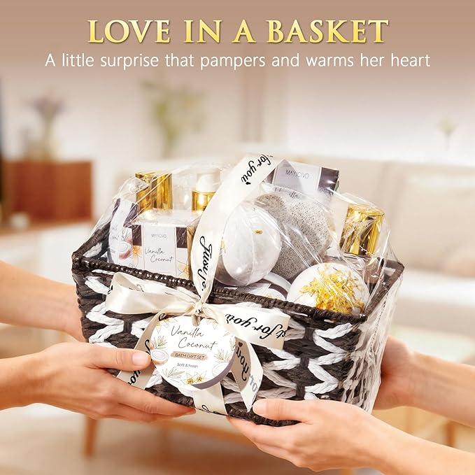 Birthday Gifts for Women, Vanilla Coconut Relaxing Spa Gift Baskets for Women Self Care Package Bath Gift Set, Home Bath and Body Kit Pamper Valentines Day Gifts for Her Womens Mom Friends Sister Wife