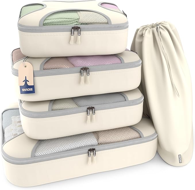 Shacke Packing Cubes for Travel 5 Set - Premium Luggage Organizer Bags - Versatile Travel Organizer for Women and Men - Optimized Packing Bags - Travel Essentials (Sand)