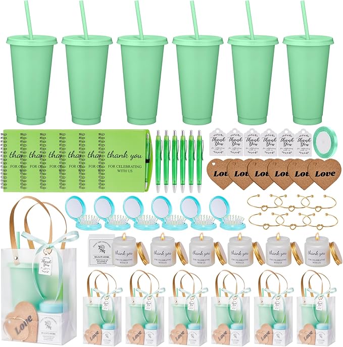 56Pcs Baby Shower Prizes for Game Winners Baby Shower Favors Gifts including Plastic Tumbler Notebook Scented Candles Ballpoint Pen Mirrors with Hair Brushes Bracelet Gift Bag (Green)