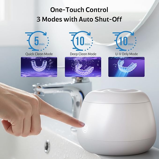 Ultrasonic Retainer Cleaner Machine 48kHz Denture and Aligner Cleaning Pod for Mouth Guards Night Guards Dental Trays Braces Toothbrushes Jewelry with 200ML Capacity (White)