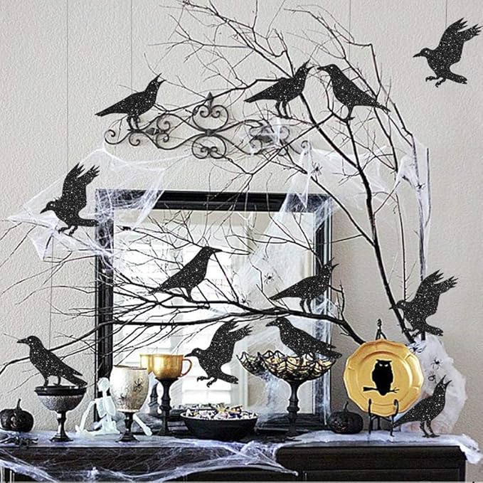 Cheerland Glitter Black Crow Garland Halloween Decorations for Gothic Gatherings Emo Party Tree Hanging Decoration Bird Raven Banner Decal Backdrop Centerpiece for Theme Birthday Party Supplies