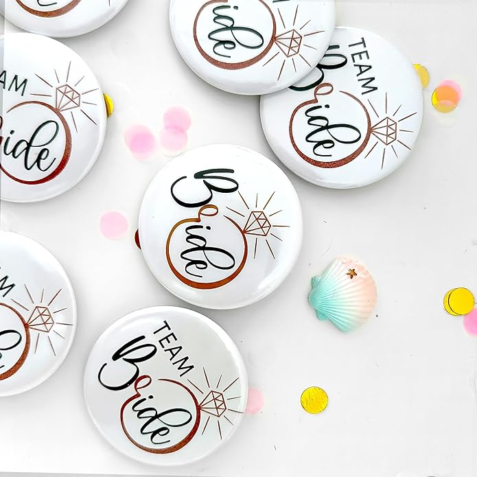 BrideTeam Bride Buttons Pins,Wedding Party Bride Shower Tinplate Badge Pin Bridesmaid Group Button Bachelorette Gift Decorating Accessory Set of 6 White Engagemnet Ring Rose Gold bride Squad 2.3Inch