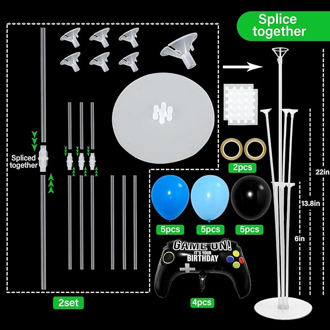 4 Sets Video Game Birthday Party Balloons Stand Kit with Game Handle Foil Balloons Black Blue Party Ball Balloon Centerpiece for Tables for Boy Girl Video Gamer Gaming Birthday Baby Shower Decoration