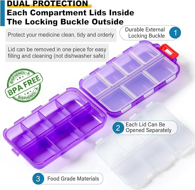 14 Grids Travel Pill Organizer Box with 415-Pcs Medicine Name Labels, Pocket Daily Pharmacy Case Container, Travel Medication Holder Dispenser Kit for Fish Oil Vitamin Supplement Storage -Clear Purple