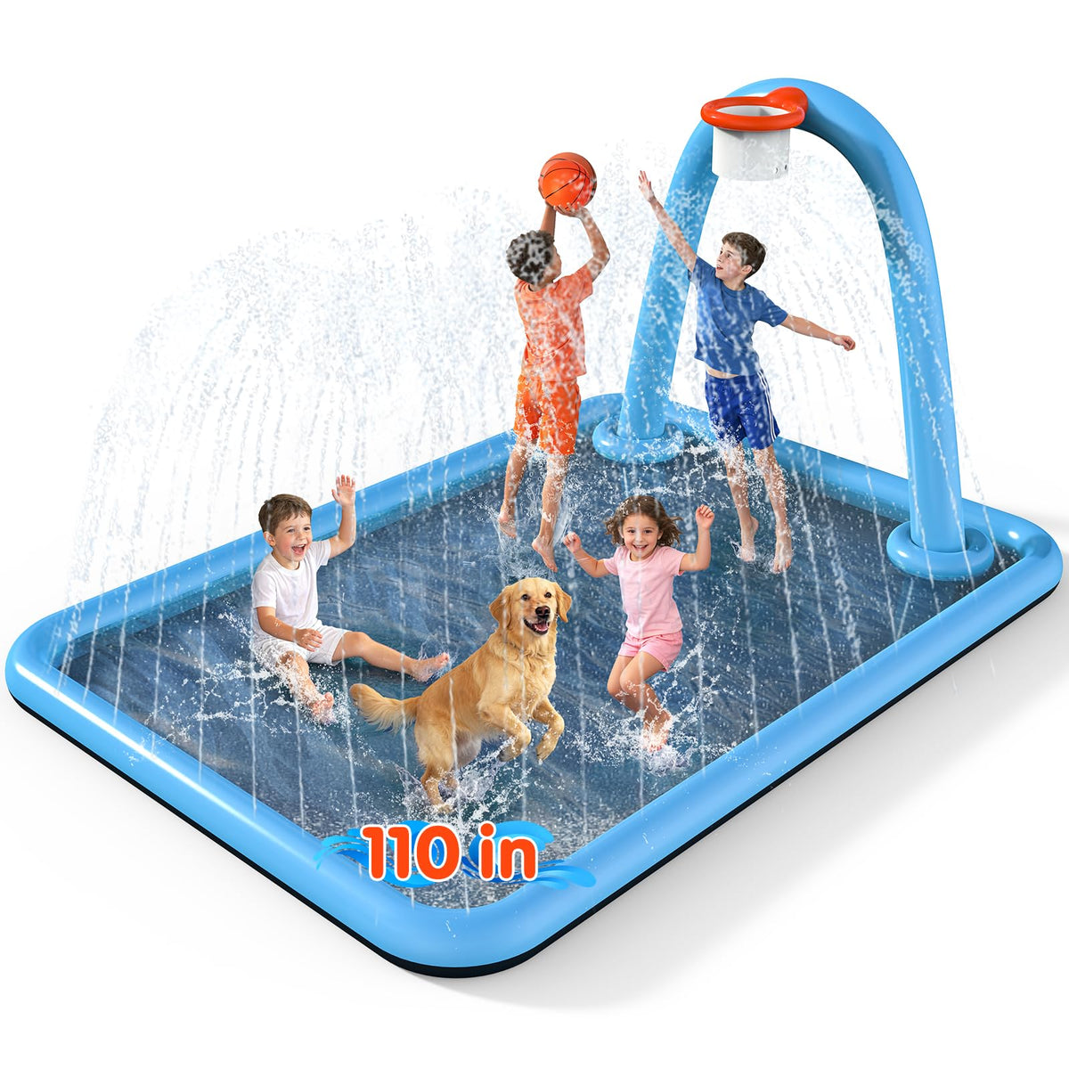 Instraella Splash Pad, 110x91'' 2-in-1 Large Sprinkler Mat with Basketball Hoop and Arch for Kids Outdoor Play, Shoot Game for Backyard, Inflatable Water OutdoorToys More Fun for Boys and Girls