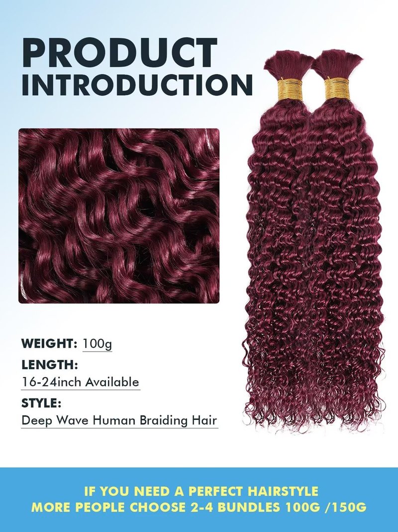 Human Braiding Hair for Boho Braids 100g 16 Inch Natural Black Curly Boho Hair for Braiding Knotless 12A Deep Wave Bulk Bohemian 2 Bundles/Pack Color 1B