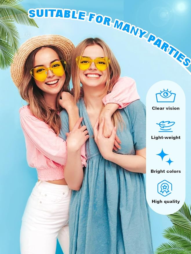 Heart Shaped Sunglasses for Women Colorful Glasses Fun Trendy Transparent Heart Sunglasses Party Favor (1 Pair-Transparent Yellow)