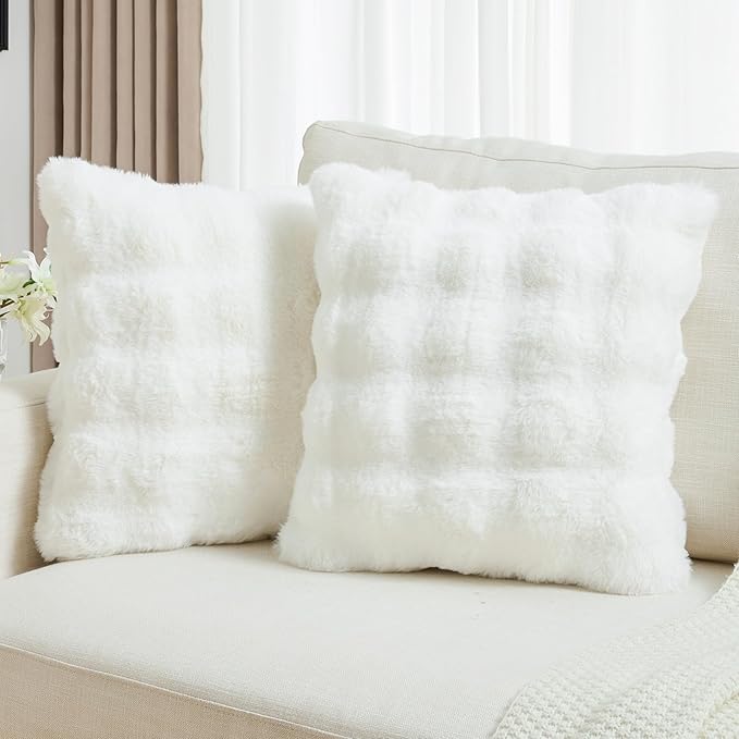FUTEI Cream White Decorative Throw Pillow Covers 20x20 Inch Set of 2,Soft Fuzzy Faux Rabbit Fur Cushion Covers with Raised Texture,Neutral Boho Home Decor for Couch Bed Living Room