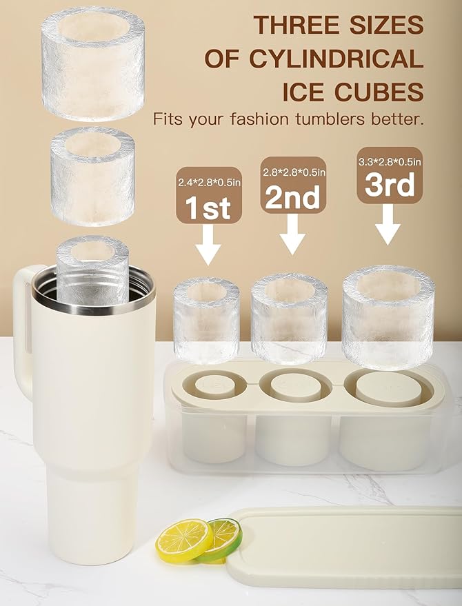 Ice Cube Tray for Tumbler Cup 30Oz-40Oz, 3 Pcs Silicone Cylinder Ice Mold with Lid and Bin for Freezer, Easy Fill and Release Ice Maker for Whiskey, Cocktail BPA-Free (White, 40Oz-Type1)