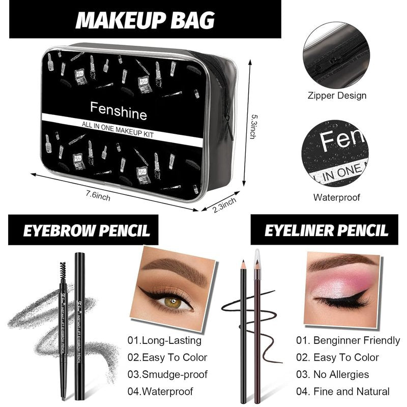 Fenshine All In One Makeup Kit for Women Full Kit, Makeup Gift Set for Women Beginners, Makeup Essential Starter Bundle Include Eyeshadow Palette Lipstick Eyebrow Pencil Brush Set (Type C)