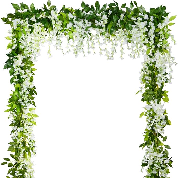 5pack Wisteria Garland Artificial Flowers Garland Fake Hanging Wisteria Vines for Wedding Floral Decor-Total 33 Ft (Milk White)