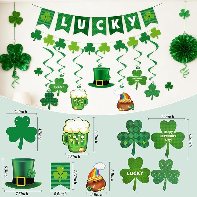 St. Patrick's Day Decorations Set for Party, Lucky Banner Shamrock Banner Garlands Hanging Swirls Clover Decor for Home St Patricks Day Party Supplies