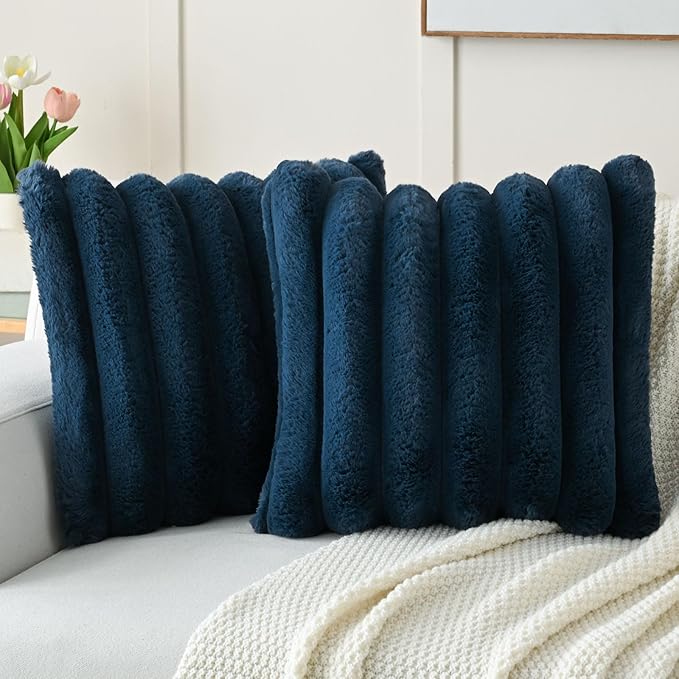 FUTEI Navy Blue Decorative Throw Pillow Covers 26x26 Inch Set of 2, Square Soft Faux Rabbit Fur Thick Striped Euro Pillow Shams,Winter Home Decor for Couch Bed Living Room