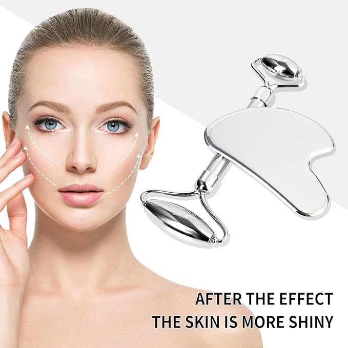 ONLYSKY BEAUTY Face Roller Gua-Sha Set Facial Roller kit for Face Skincare, Stainless-Steel Stone Sculpting Tool, Massager Roller for Skin Care,Gift for Men and Women