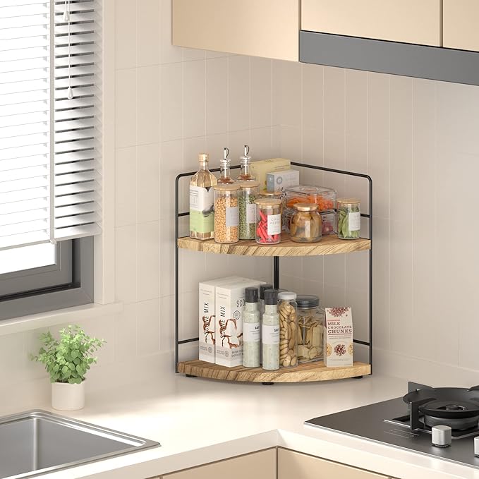 ZGO 2-Tier Bathroom Counter Organizer, Corner and Makeup Organizer for Vanity and Kitchen Counter, Wood
