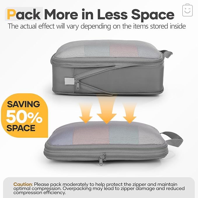 Veken 9/11 Set Compression Packing Cubes for Travel Essentials,Compressible Expandable Large Luggage Suitcase Organizer Bags for Clothing,Durable Space Saver Storage Bags with Toiletry Bags(Gray)