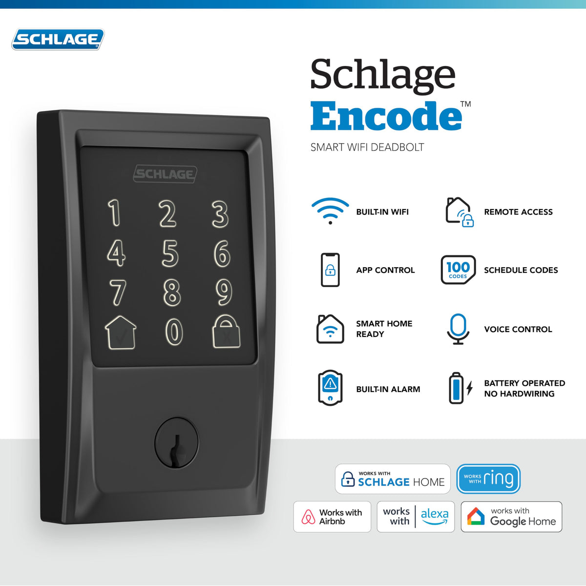 Schlage Encode Smart Wi-Fi Deadbolt Lock with Touchscreen Keypad, Keyless Front Door Entry, App Control, Alexa, Google Home and Airbnb Compatible, Matte Black, BE489WB CEN 622