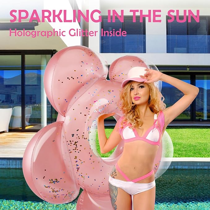 HeySplash Pool Floats, Large Pink Floats for Adults, Inflatable Floatie Loungers wih Glitter, Bachelorette Fun Decor, Swim Tube River Lake Wedding Bride Engagement Party Decor Toy Raft