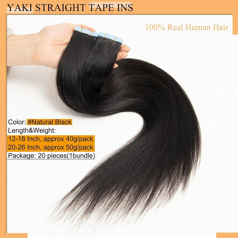 FEIPRO Light Yaki Straight Tape ins Tape in Hair Extensions Human Hair Invisible Real Remy Human Hair Seamless PU Skin Weft Soft Natural Black Hair Extension for Women Girls 12 Inch 40g 20pcs/Pack