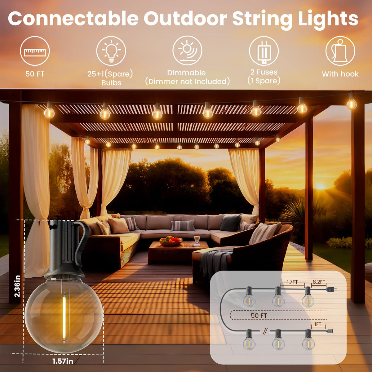 RTTY Outdoor String Lights 50 FT, Patio Light with 26pcs G40 Shatterproof LED Bulbs, Waterproof Hanging Globe Lighting Connectable for Cafe Bistro Backyard Porch Gazebo Balcony Deck Party