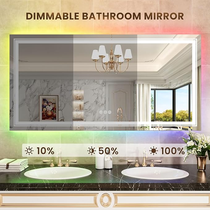 WTTY LED Bathroom Mirror 60"x30" with RGB Backlit and Front Light,Stepless Dimmable LED Mirror for Bathroom,Colored Lighted Bathroom Vanity Mirror,Anti-Fog,Memory Function,Shatter-Proof
