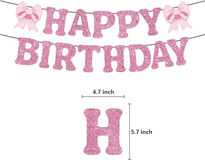 Pink Bow Happy Birthday Banner Garland Bow Birthday Decorations Bow Theme Party Girls Women Birthday Party Decorations Supplies
