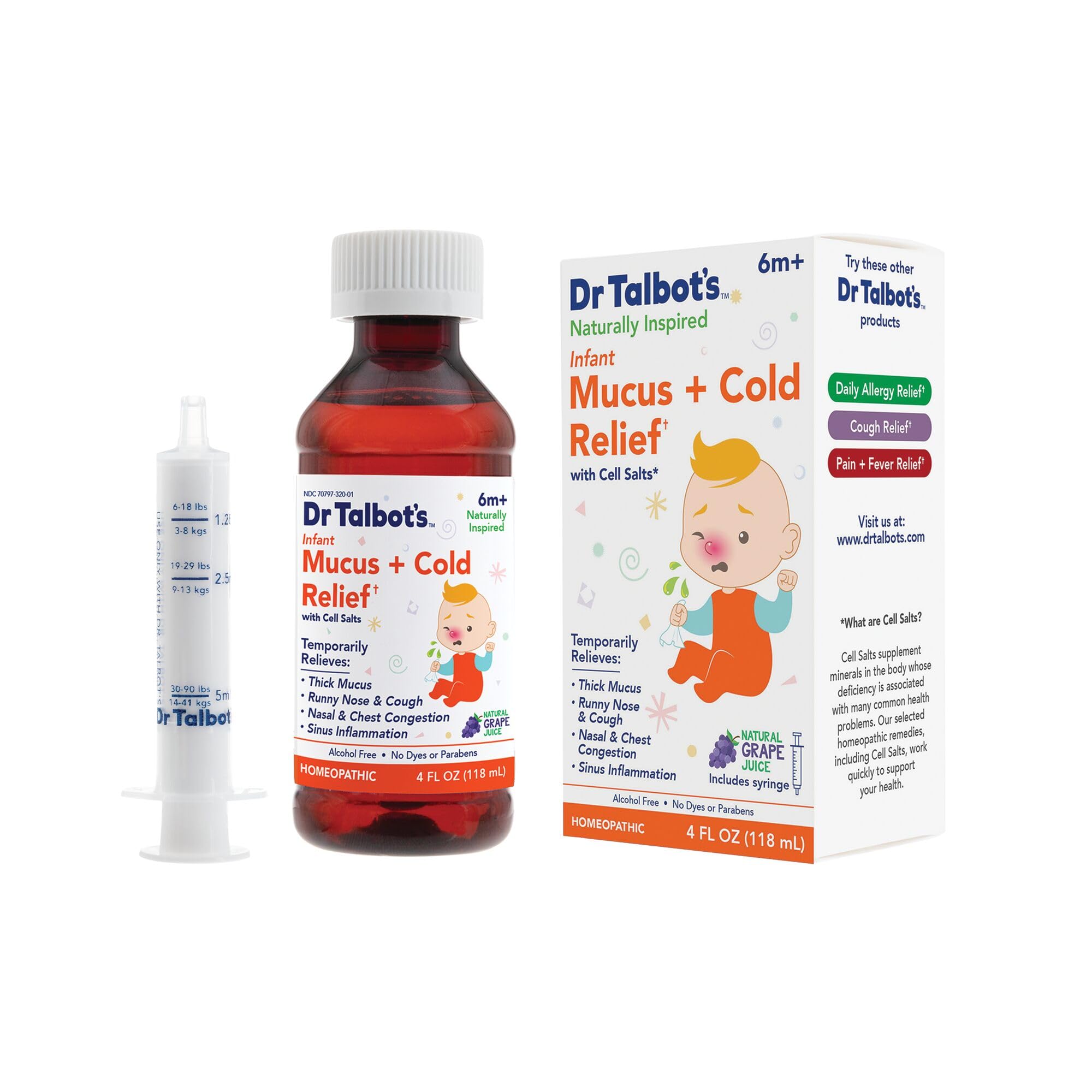 Dr. Talbot's Infant Mucus and Cold Relief with Cell Salts - 4 fl oz - Naturally Inspired Kids Cold Medicine - Grape Juice Flavor - Includes Syringe