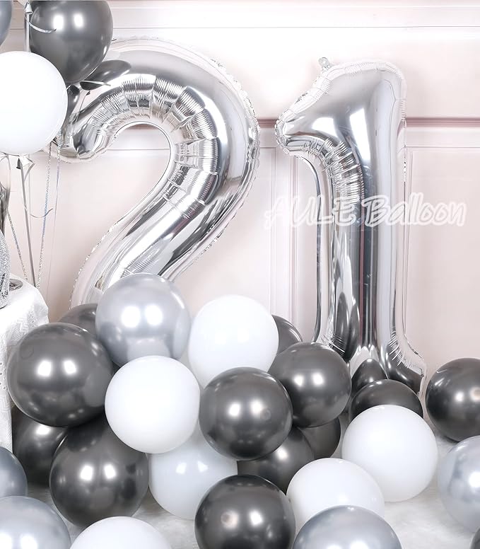 AULE 40 Inch Jumbo Silver Foil Mylar Number Balloons for Men Women 21st Birthday Party Decorations 21 Years Old Anniversary Party Supplies