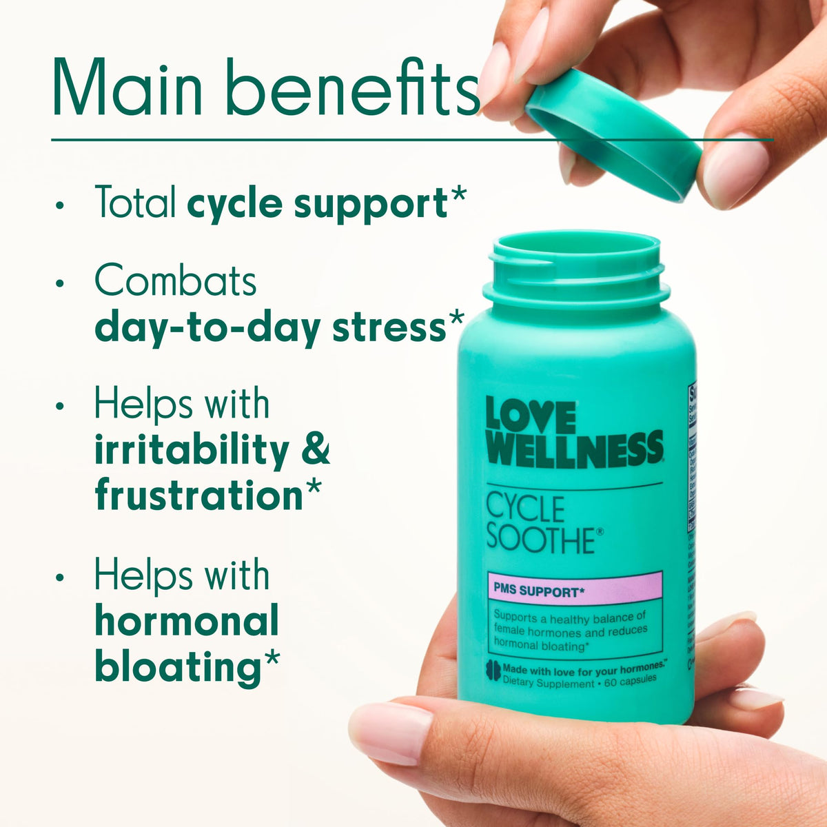 Love Wellness Cycle Soothe Supplement | Promotes a Happy Mood | Helps with PMS Hormones, Stress Relief, & Improves Mood | 60 Capsules