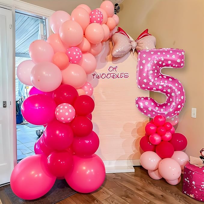 Pink 5th Birthday Balloons Decorations, Hot Pink Rose Polka Dots Balloon Arch Kit, Huge Bow Foil Balloons, pink Number 5 Balloon Tower for Baby Shower Girls Princess 5th Theme Party