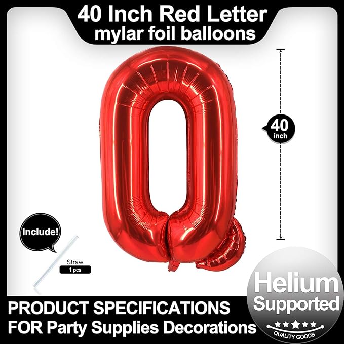 40 Inch Red Letter Q Balloons, DIY Phrase Foil Alphabet Letter Q Balloons DIY Word Q Banner for Birthday Anniversary Celebration Graduation Party Supplies Decoration