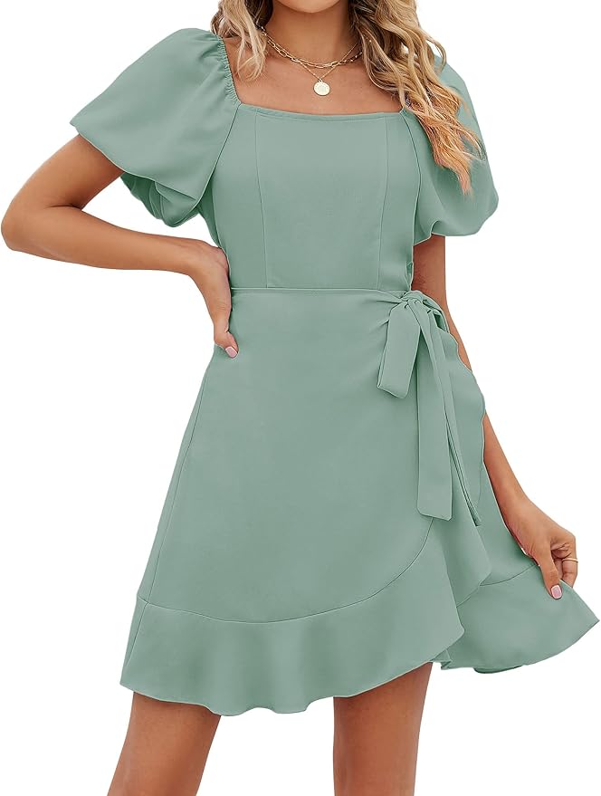 Sampeel Womens Summer Dresses Square Neck Puff Sleeve Tie Waist Short Dress