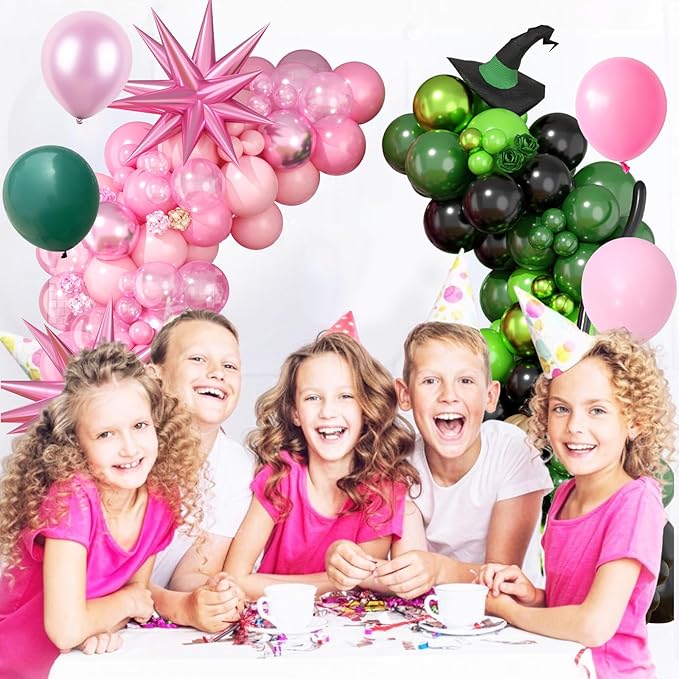 FunHot Pink Green Balloon Arch Garland Kit with Pearl Light Pink Dark Metallic Green Black Balloons Explosion Star Foil Balloon 260 Long Balloons for Baby Shower Witch Theme Birthday Party Decoration