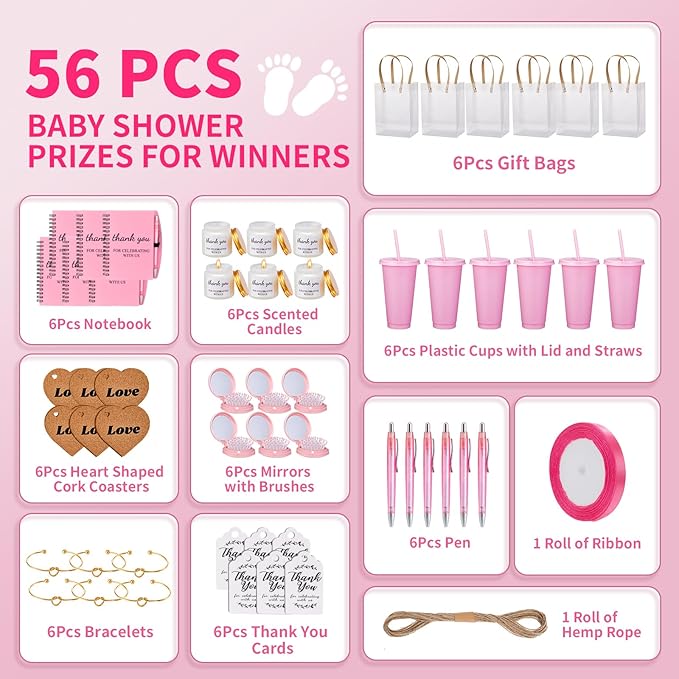 56Pcs Baby Shower Prizes for Game Winners Baby Shower Favors Gifts including Plastic Tumbler Notebook Scented Candles Ballpoint Pen Mirrors with Hair Brushes Bracelet Gift Bag (Pink)