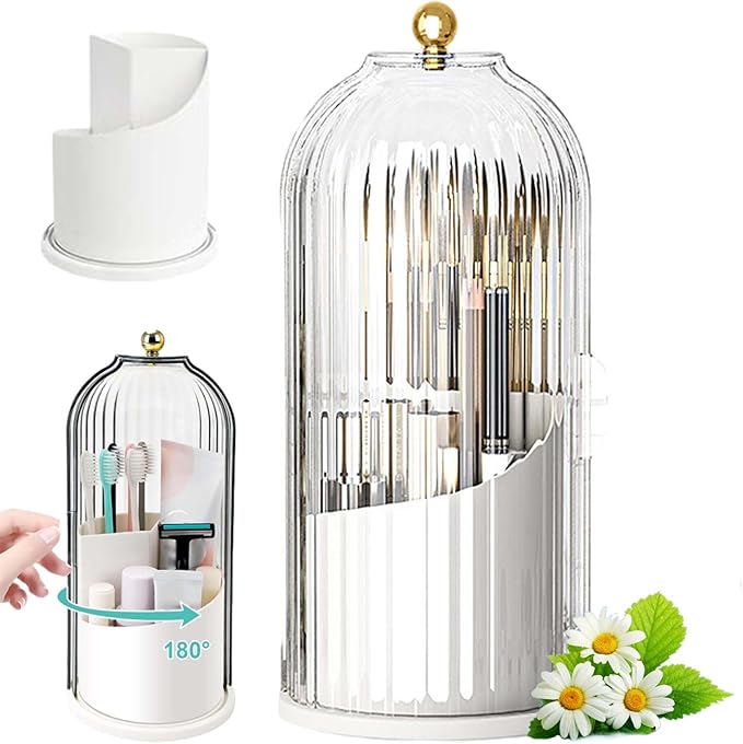 Sliding Lid Toothbrush Organizer, Toothbrush Holders with Sliding Lid, 360° Rotating Dustproof Concealed Toothbrush Holder, 3-Slot Varying Heights, Ideal for Bathroom, Makeup & Travel (White)